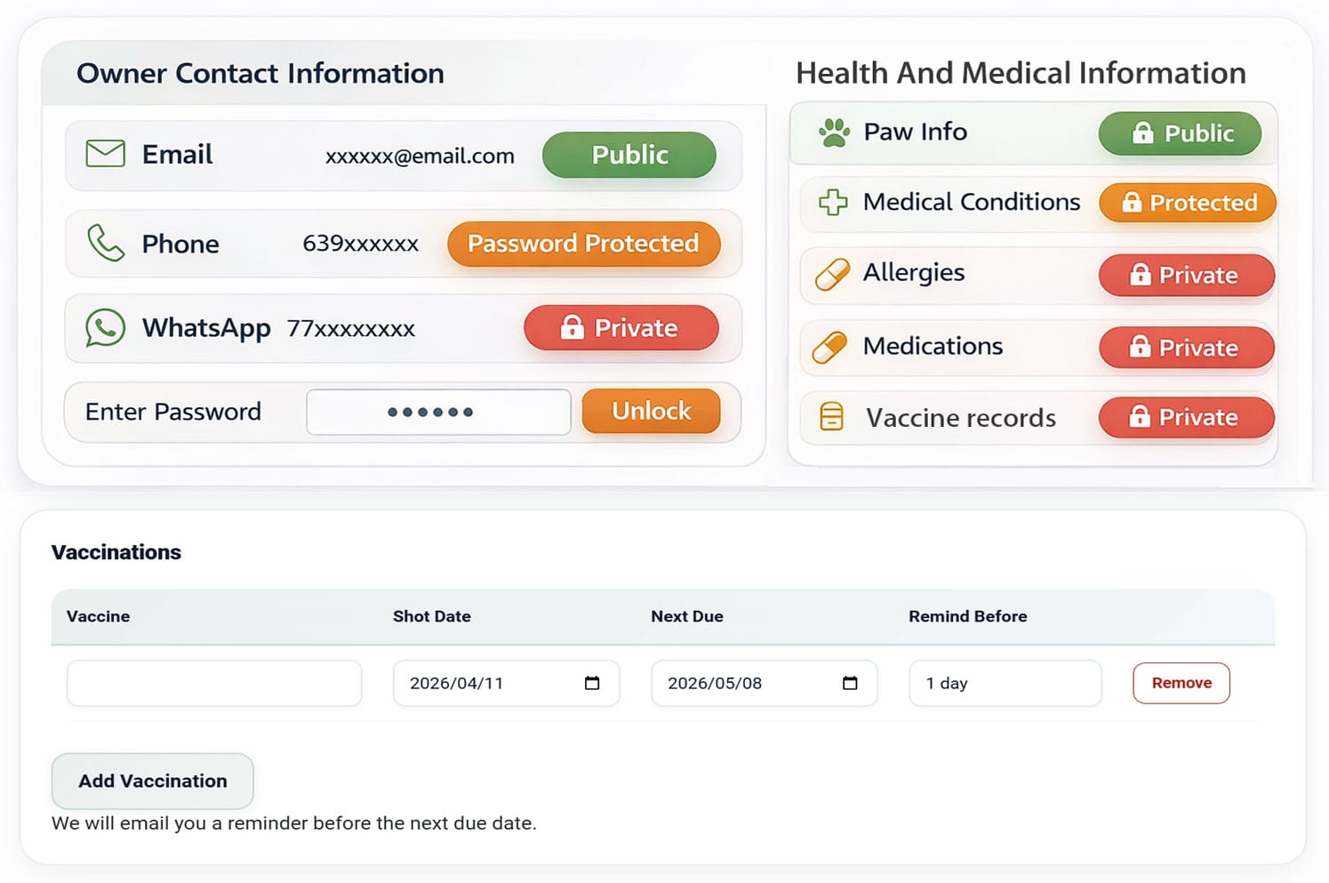 Protected pet profile information example